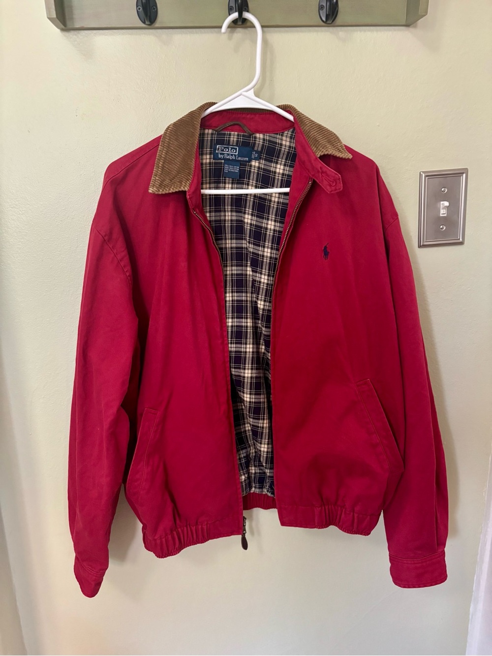 Vintage 90s Polo Ralph Lauren Red Harrington Jacket Corduroy Collar w/ Plaid